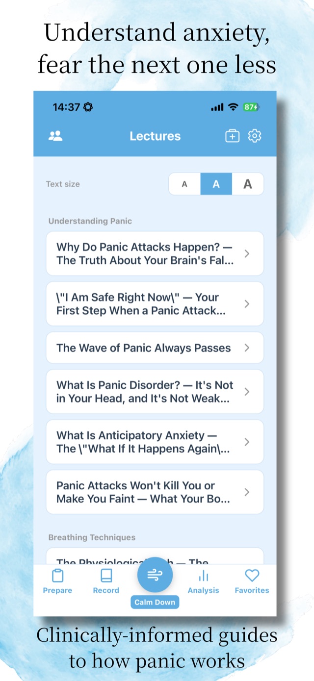 Lecture articles list explaining how panic works, to ease anticipatory anxiety.